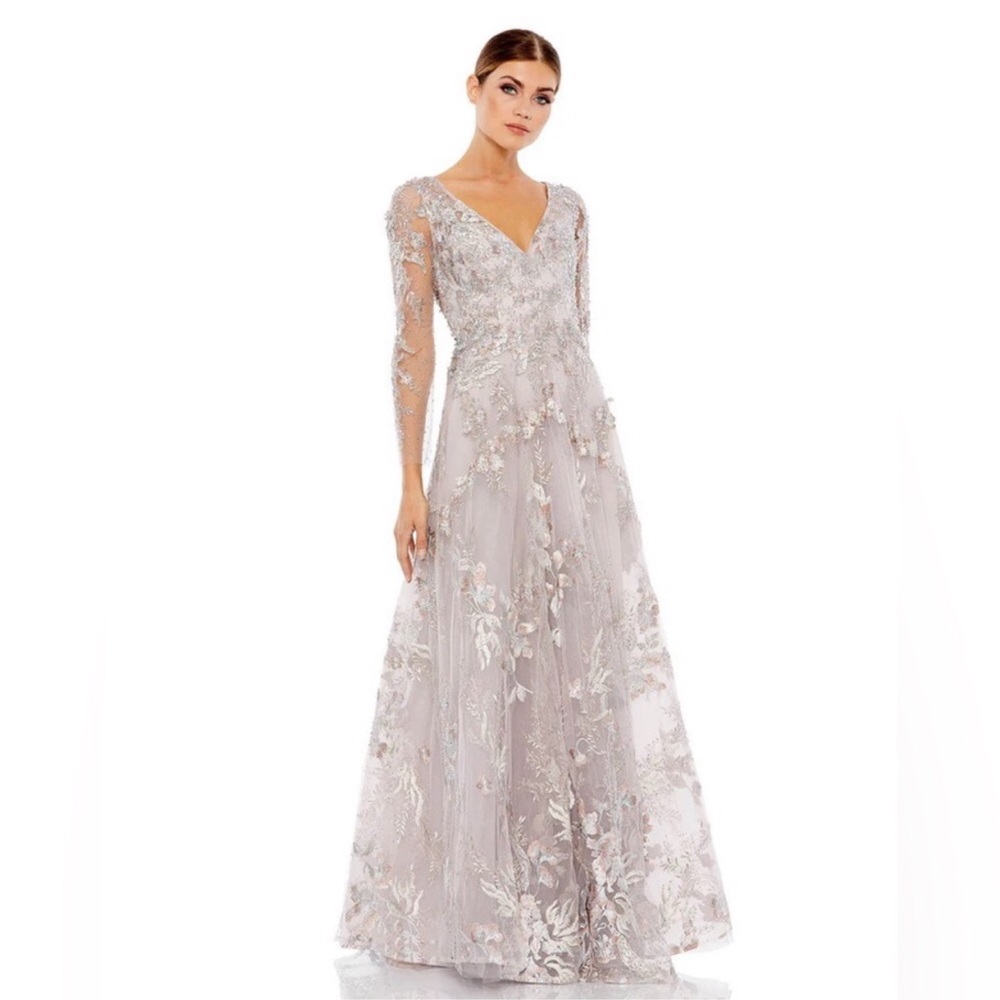Appliquéd Illusion Long Sleeves A Line Gown